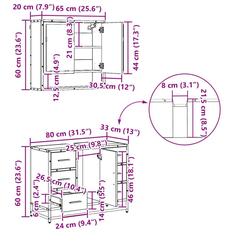 Zestaw mebli łazienkowych z szufladą 4 pcs Dąb rzemieślniczy