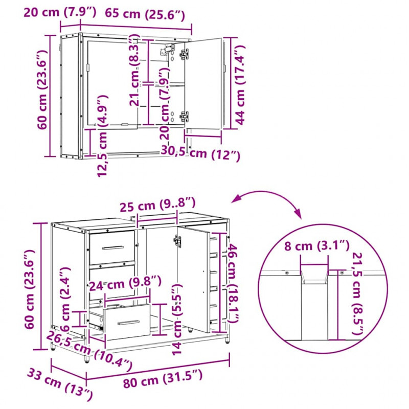 Zestaw mebli łazienkowych z szufladą z półką 4 pcs Stare drewno