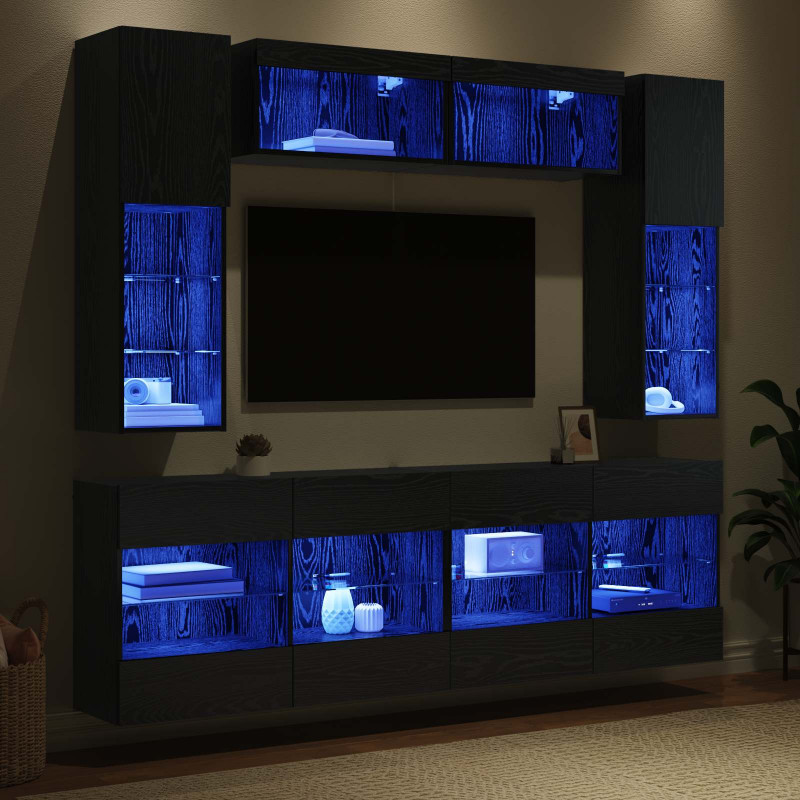 Zestaw szafki pod telewizor na ścianę z LED 6 pcs Czarny Dąb