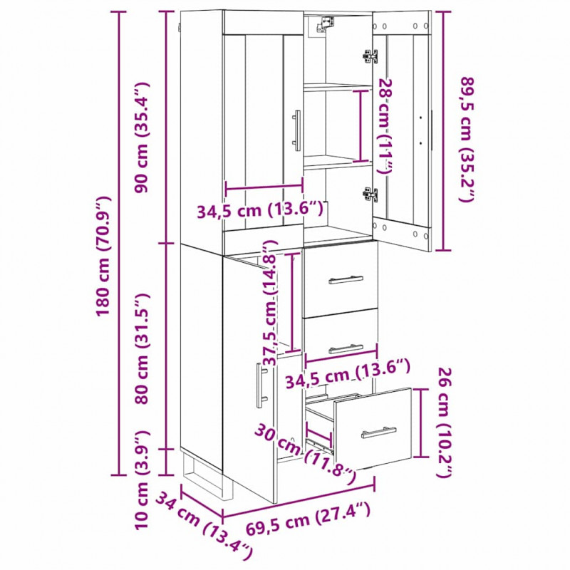Highboard z szufladą Dąb rzemieślniczy 69,5 x 34 x 180 cm