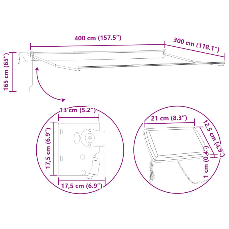 Markiza ręczna z LEDami Biały 4 × 3 m Poliester z powłoką PU