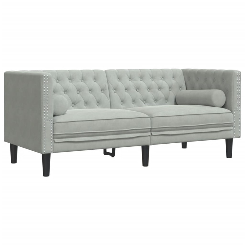 Sofa Chesterfield z wałkami, dwuosobowa, jasnoszara, aksamit
