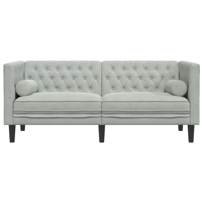 Sofa Chesterfield z wałkami, dwuosobowa, jasnoszara, aksamit