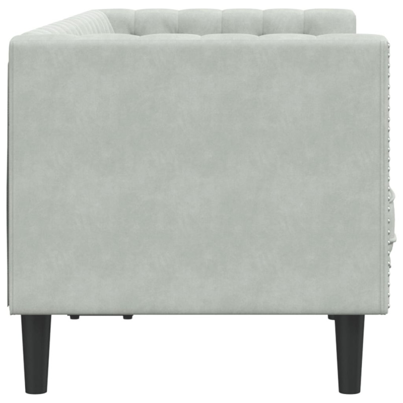 Sofa Chesterfield z wałkami, dwuosobowa, jasnoszara, aksamit