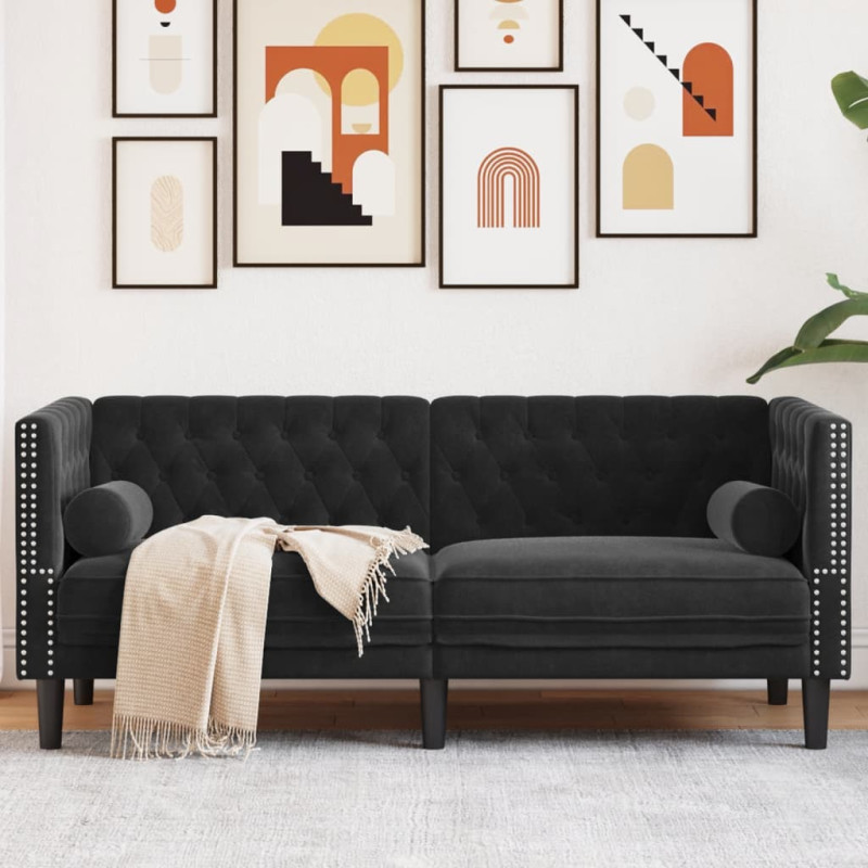 Sofa Chesterfield z wałkami, dwuosobowa, czarna, aksamit