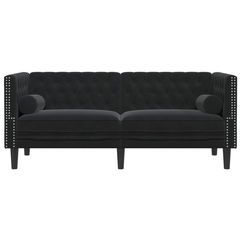 Sofa Chesterfield z wałkami, dwuosobowa, czarna, aksamit