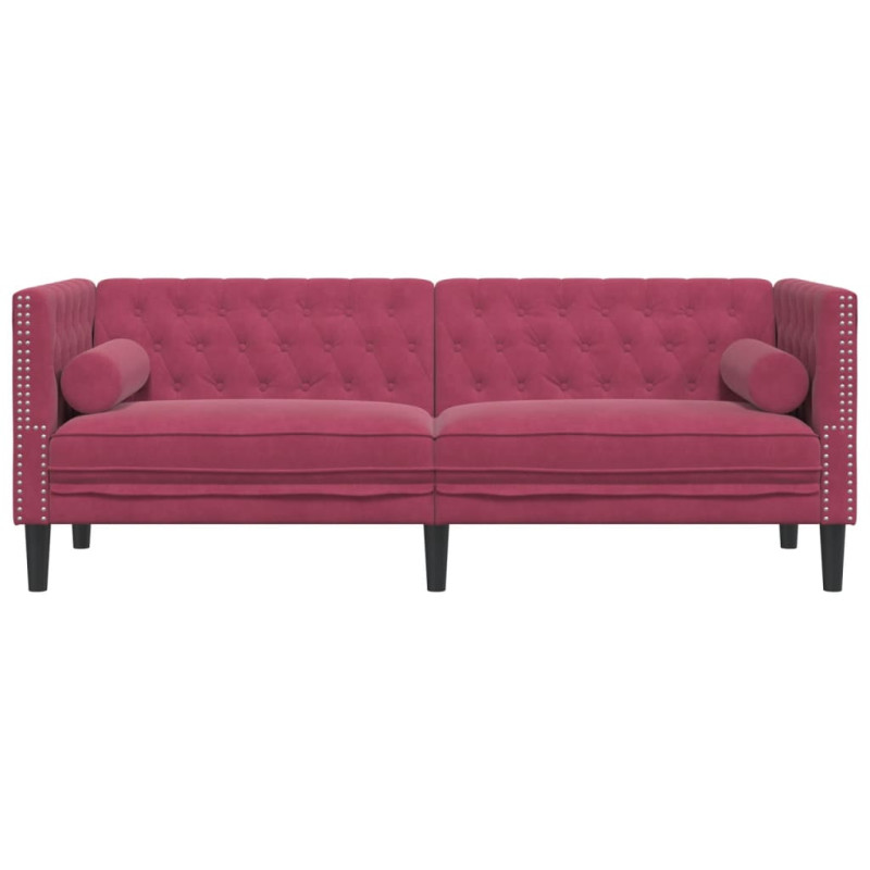 Sofa Chesterfield z wałkami, trzyosobowa, bordowa, aksamit