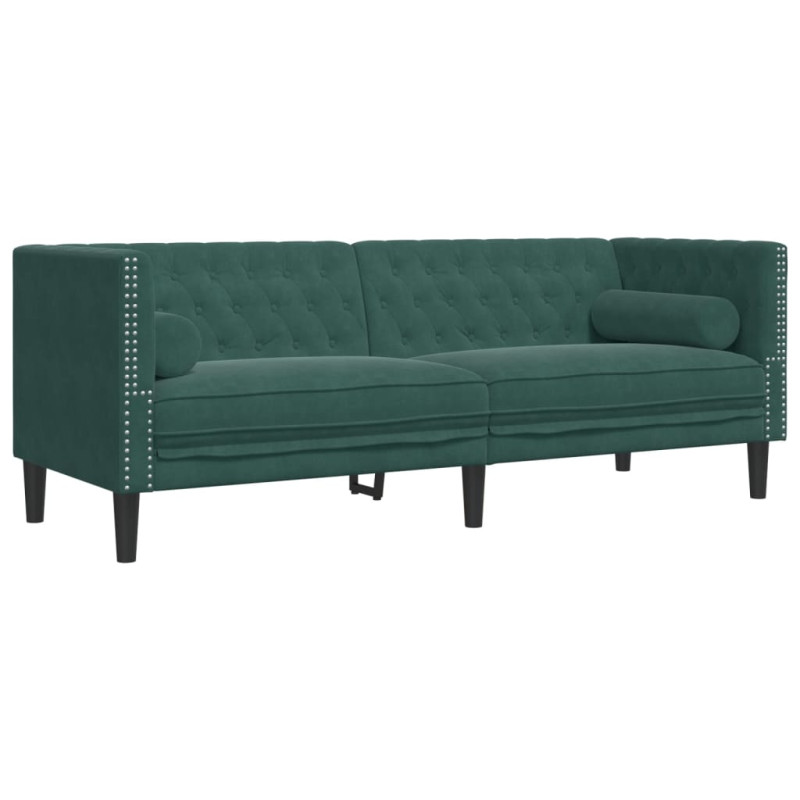 Sofa Chesterfield z wałkami, 3-osobowa, ciemnozielona, aksamit