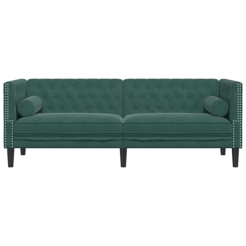 Sofa Chesterfield z wałkami, 3-osobowa, ciemnozielona, aksamit