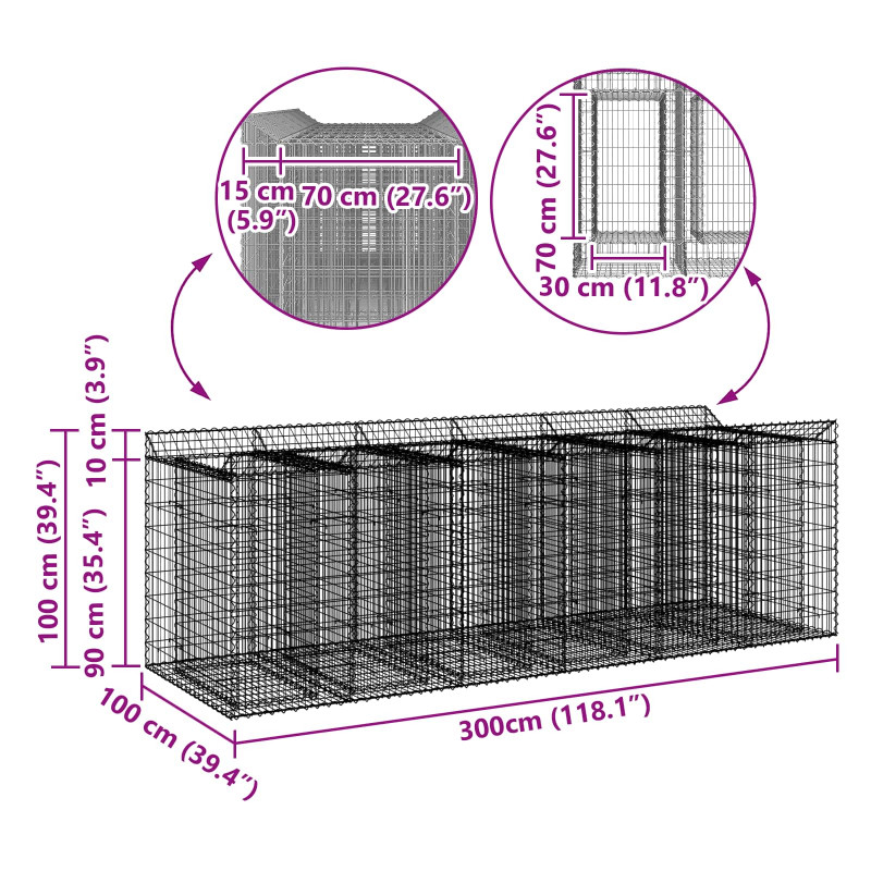 Podniesione łóżko gabionowe 3 pcs srebrny