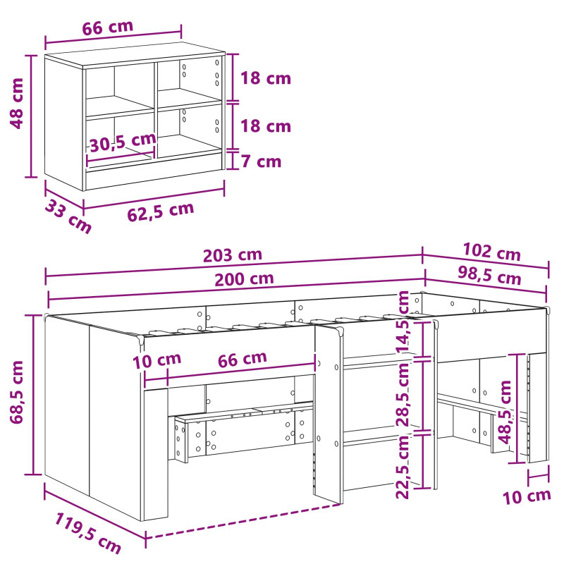 Łóżko na podwyższeniu z szafką z półką 3 pcs Biały