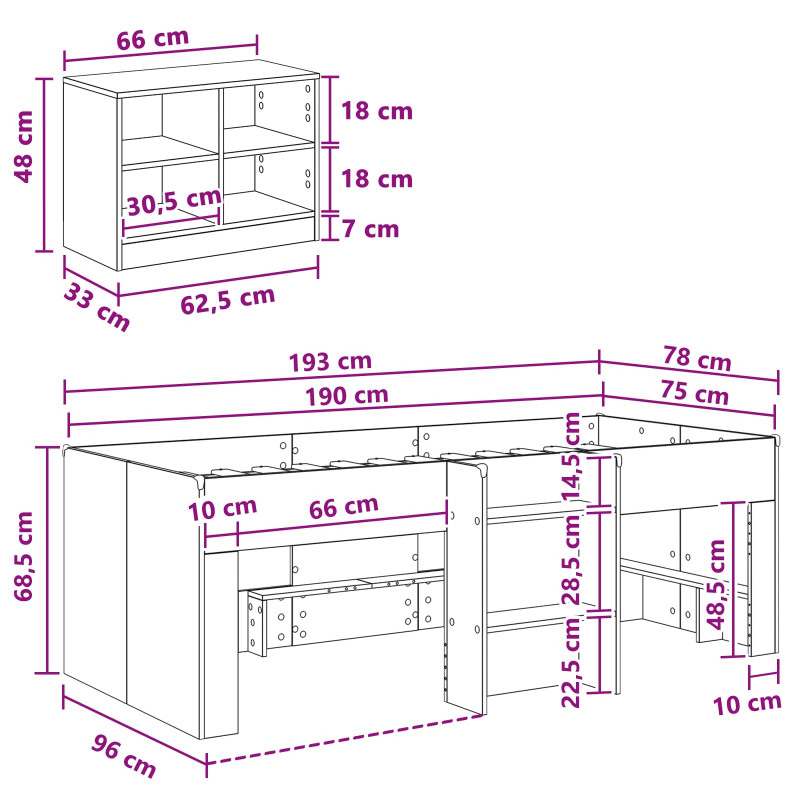 Łóżko na podwyższeniu z szafką z półką 3 pcs Biały