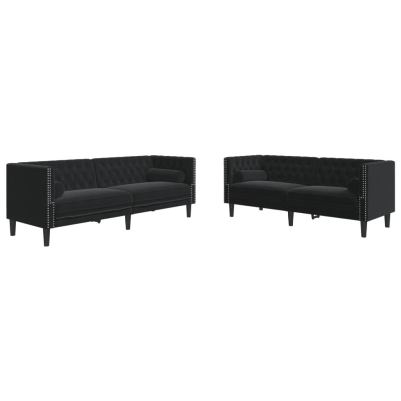 2-cz. wypoczynek Chesterfield z wałkami, czarny, aksamit
