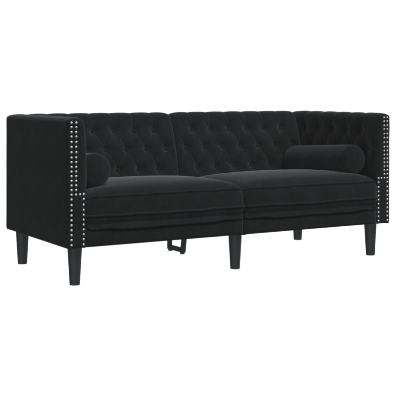 2-cz. wypoczynek Chesterfield z wałkami, czarny, aksamit