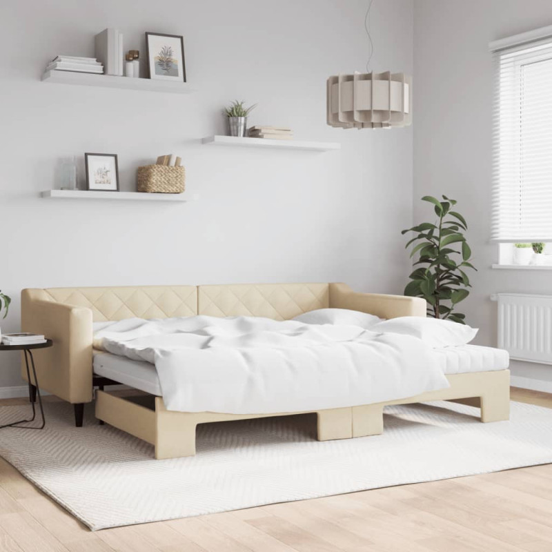Sofa rozsuwana z materacami, kremowa, 90x200 cm, tkanina