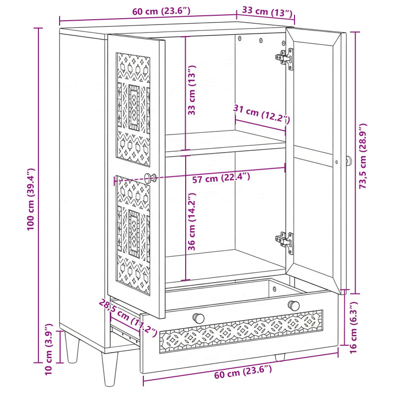 Highboard Biały 60 x 33 x 100 cm lite drewno mango