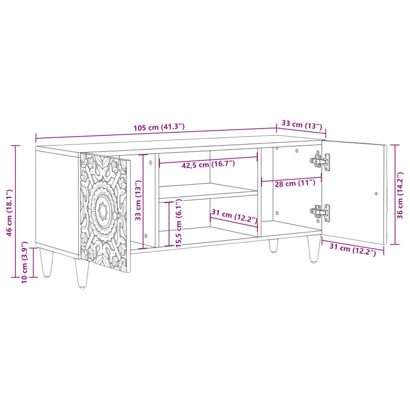 Szafka pod telewizor Brązowy 105 x 33,5 x 46 cm Drewno z mango