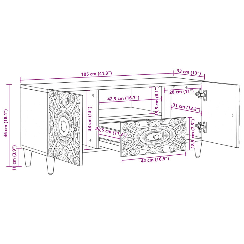 Szafka pod telewizor Brązowy 105 x 33,5 x 46 cm Drewno z mango
