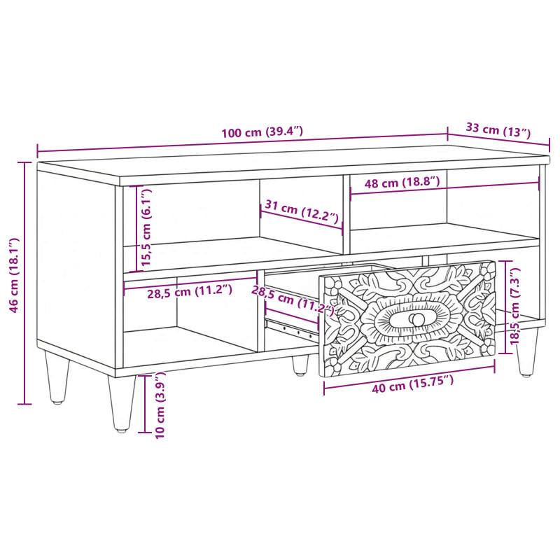 Szafka pod telewizor Brązowy 100 x 33,5 x 46 cm Drewno z mango