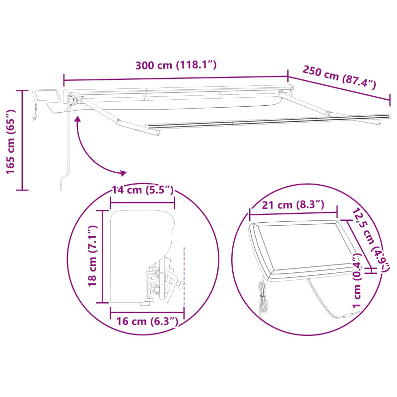 Ręczny ramowy zewnętrzny markizowy z LED Biały 3 x 2,5 m