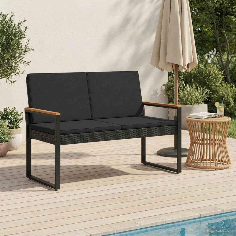 Ławka ogrodowa z poduszką Czarny 107 x 61 x 80 cm polirattan