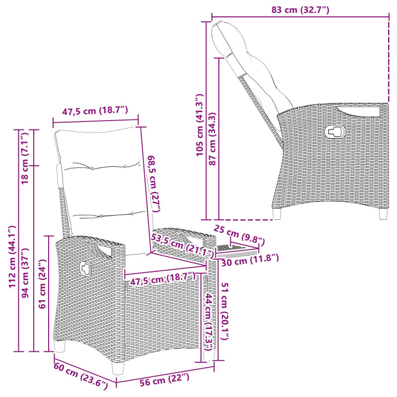Krzesło ogrodowe z regulowanym oparciem 56 x 60 x 112 cm stal