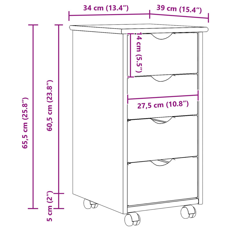 Rolkowa szafka Biały 34 x 39 x 65,5 cm Lite drewno sosnowe
