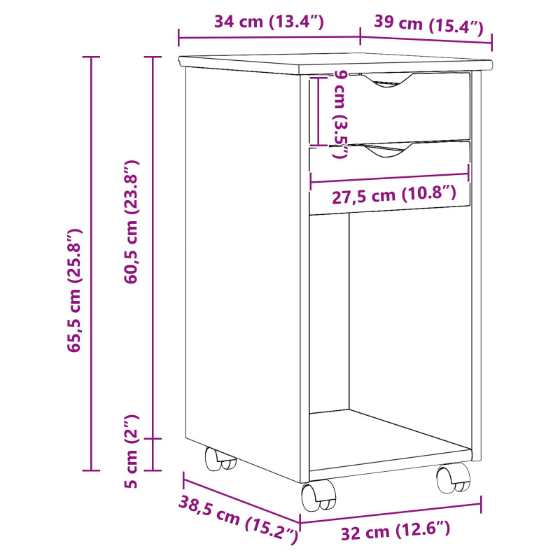 Rolkowa szafka Biały 34 x 39 x 65,5 cm Lite drewno sosnowe