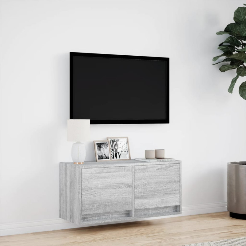 Ścienna szafka TV z LED, szary dąb sonoma, 80x31x35 cm