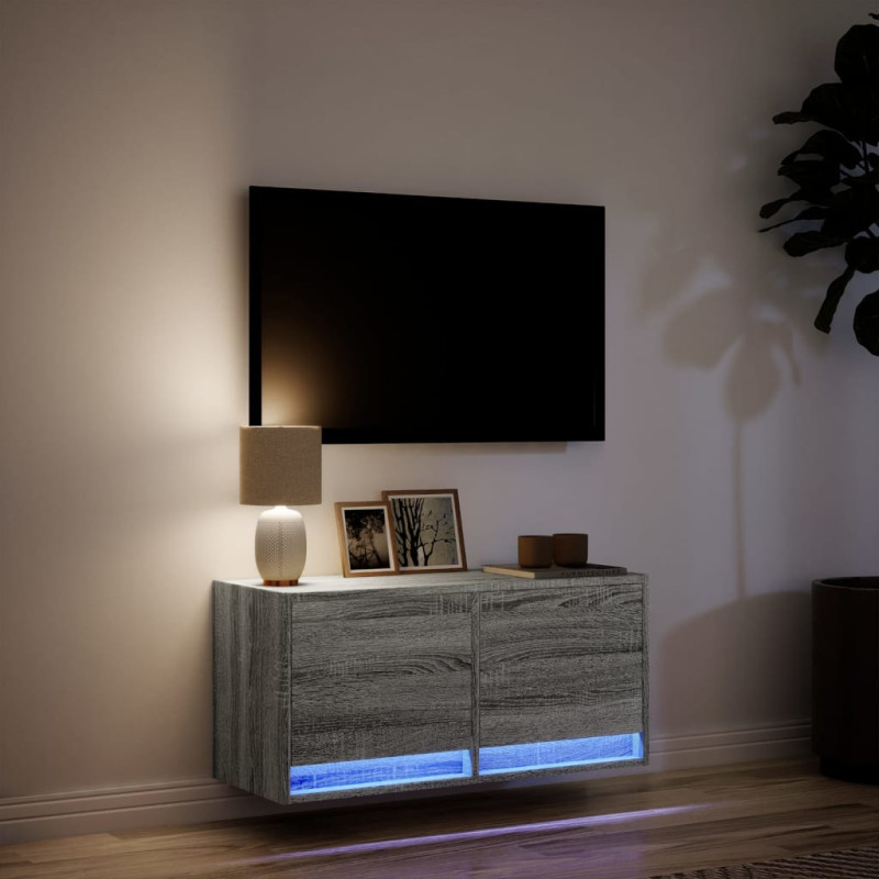 Ścienna szafka TV z LED, szary dąb sonoma, 80x31x35 cm