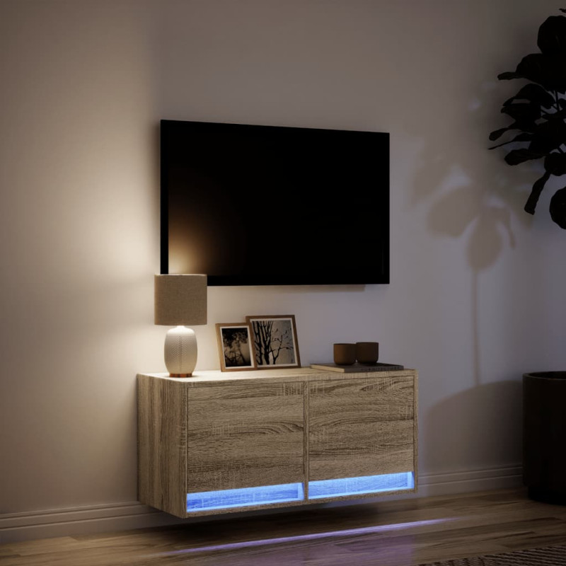 Ścienna szafka TV z LED, dąb sonoma, 80x31x35 cm