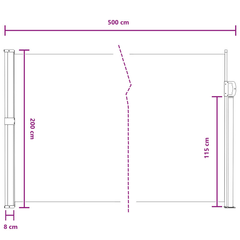 Rozkładany boczny markiz Szary 500 x 200 cm Poliester