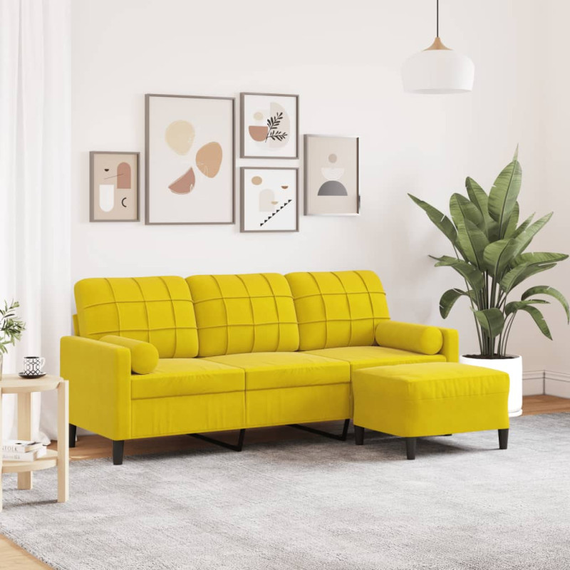 3-osobowa sofa z podnóżkiem, żółta, 180 cm, aksamit