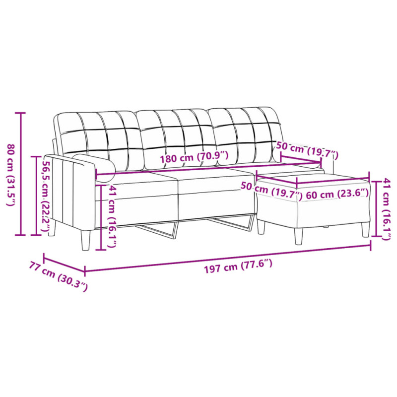 3-osobowa sofa z podnóżkiem, żółta, 180 cm, aksamit