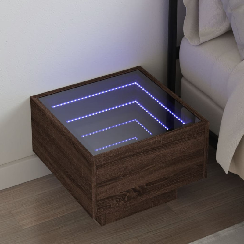 Stolik nocny z LED Infinity, brązowy dąb, 40x40x30 cm