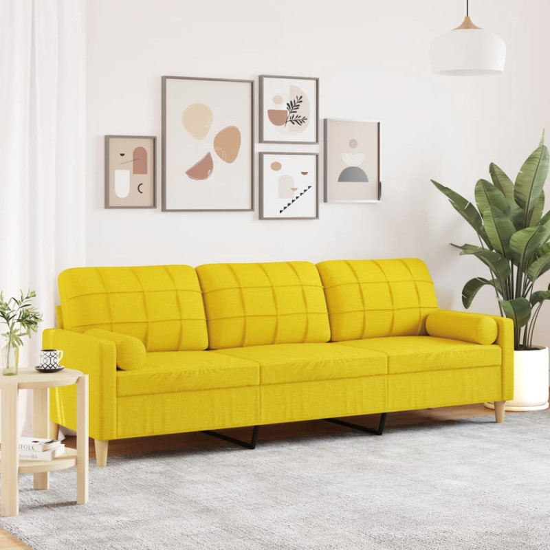 3-osobowa sofa z poduszkami, jasnożółta, 210 cm, obita tkaniną