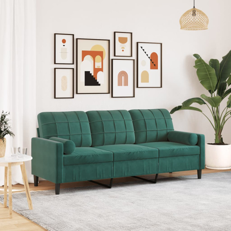 3-osobowa sofa z poduszkami, ciemnozielona, 180 cm, aksamit