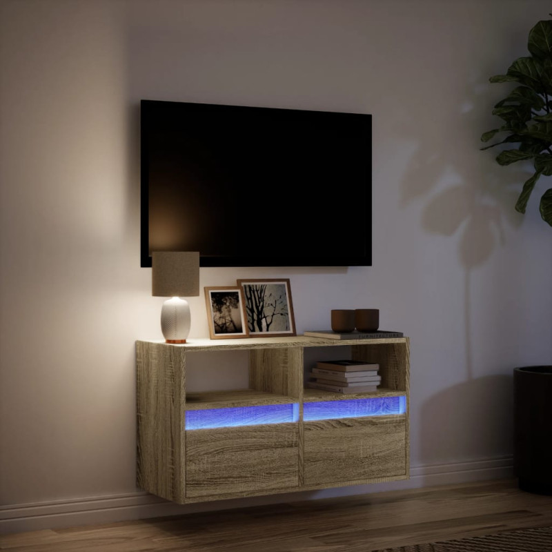 Ścienna szafka TV z LED, dąb sonoma, 80x31x45 cm