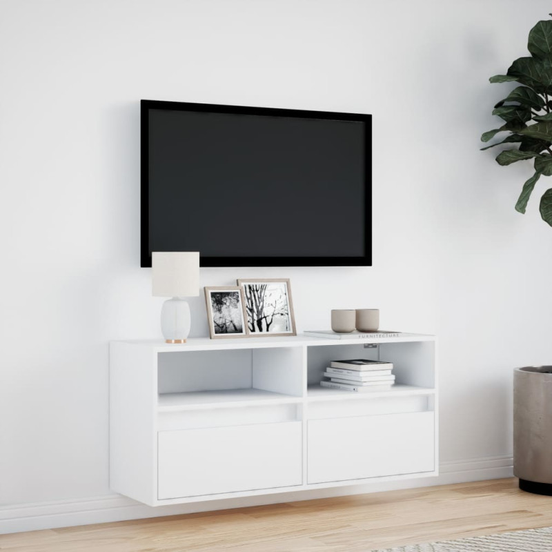 Ścienna szafka TV z LED, biała, 100x31x45 cm