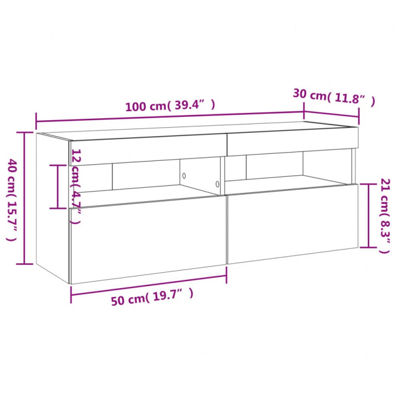 Ścienna szafka TV z LED, biała, 100x30x40 cm
