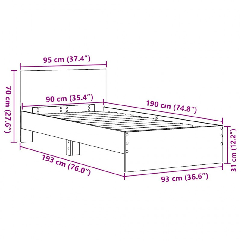 Ramka łóżka Czarny Dąb 90 x 190 cm Materiał drewnopochodny