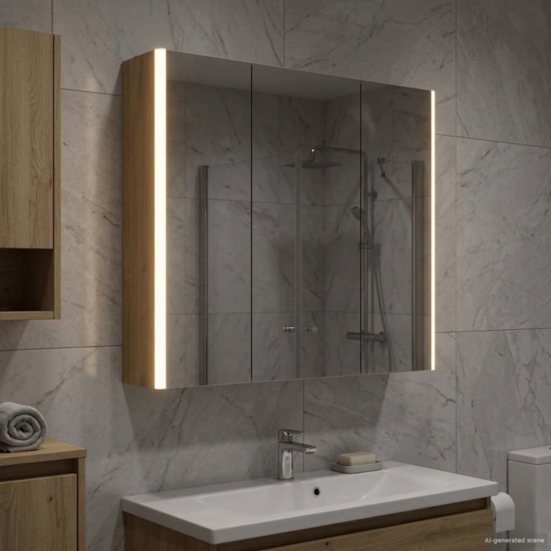 Szafka z lustrem do łazienki Ze LED Lights Dąb rzemieślniczy