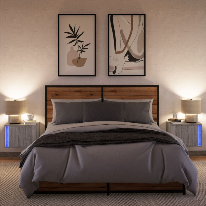 Wiszące szafki nocne z LED, 2 szt., szary dąb sonoma