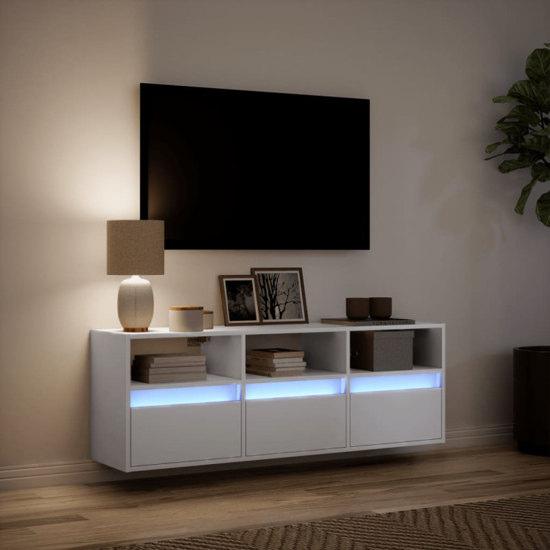 Ścienna szafka TV z LED, biała, 130x31x45 cm