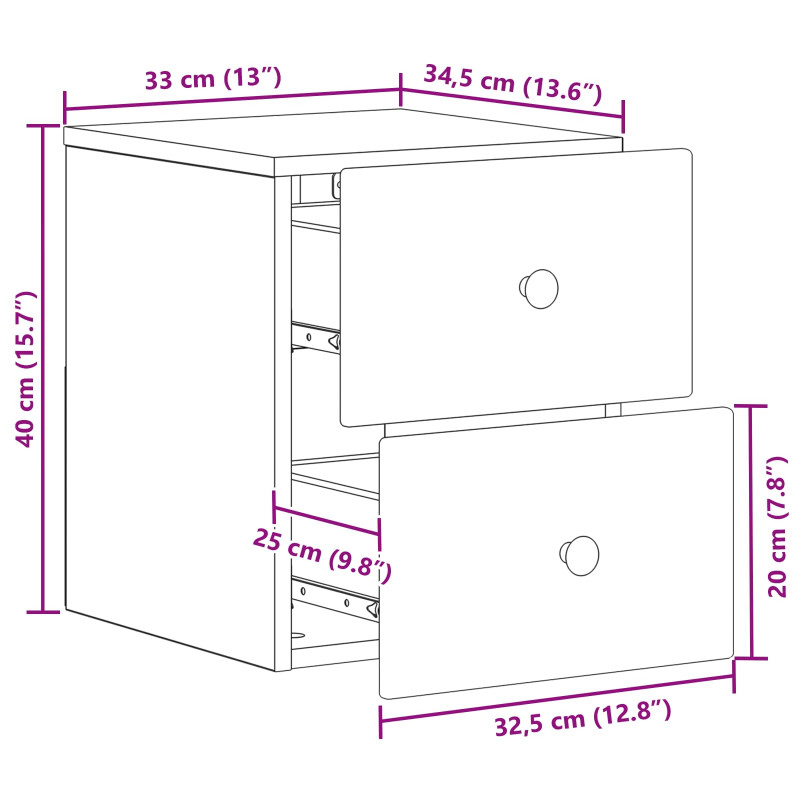 Wisząca Szafka Nocna z szufladą 2 pcs Czarny 34,5 x 33 x 40 cm
