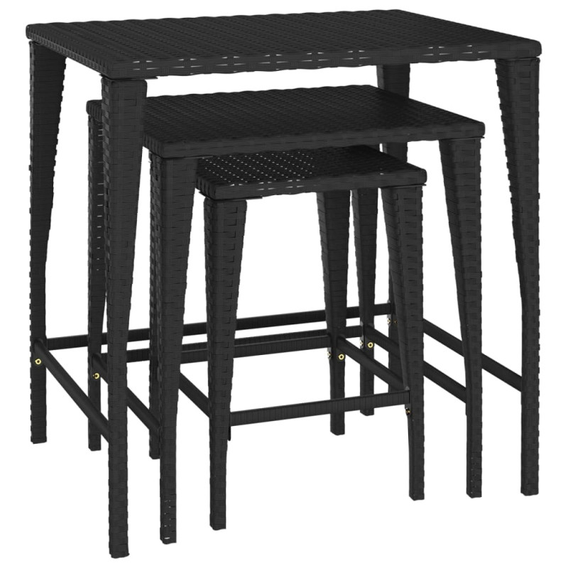 Stoliki ogrodowe wsuwane pod siebie, 3 szt., czarne, rattan PE