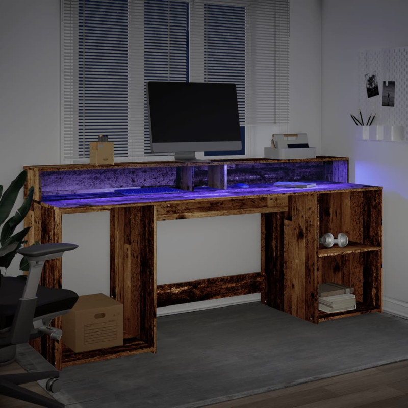 Biurko z podświetleniem LED, stare drewno, 200x55x91 cm