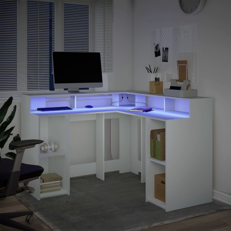 Biurko z podświetleniem LED, białe, 130x130x91 cm