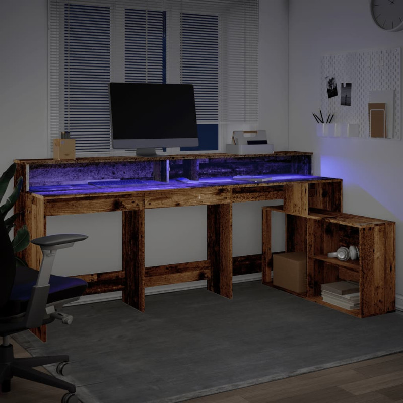 Biurko z podświetleniem LED, stare drewno, 200x104x91 cm