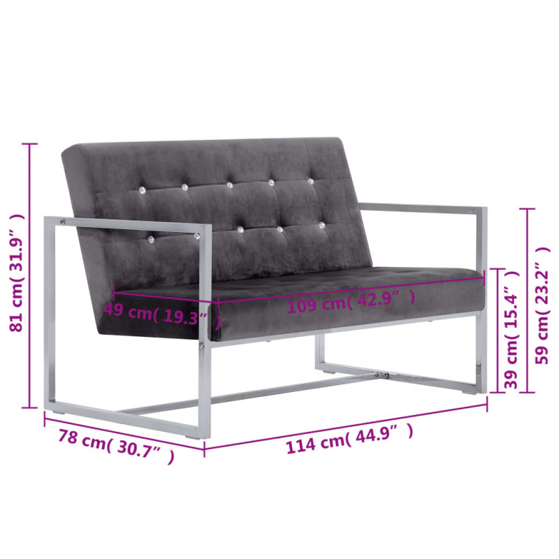 2-osobowa sofa z podłokietnikami, ciemnoszara, chrom i aksamit